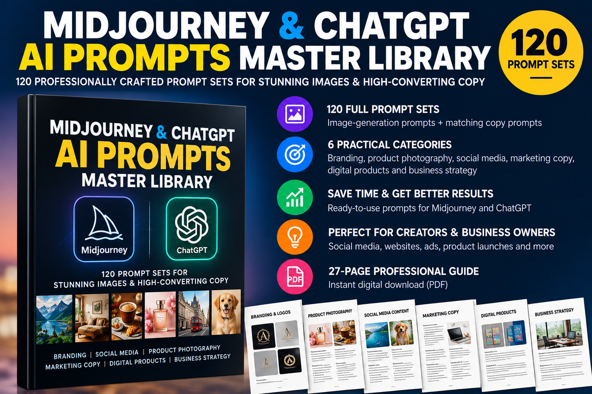 AI Image and Copy Prompt Master Library with 120 prompt sets and 27-page PDF
