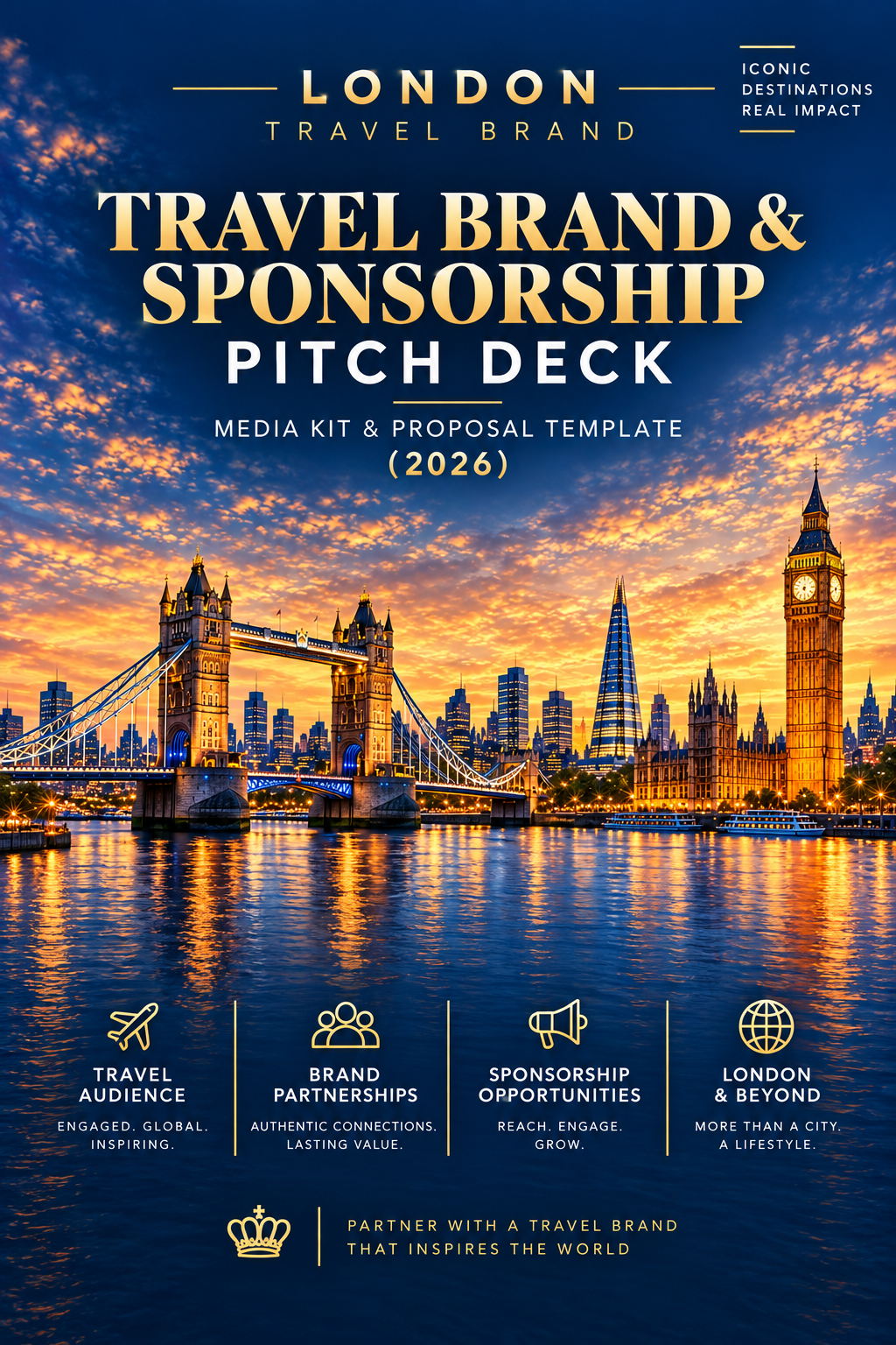 A promotional poster-style slide for a travel brand and sponsorship pitch deck, featuring a London city skyline at sunset with Tower Bridge and Big Ben. Large gold and white text reads 'Travel Brand & Sponsorship Pitch Deck' and 'Media Kit & Proposal Template (2026)'.