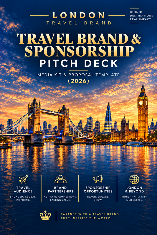 A promotional poster-style slide for a travel brand and sponsorship pitch deck, featuring a London city skyline at sunset with Tower Bridge and Big Ben. Large gold and white text reads 'Travel Brand & Sponsorship Pitch Deck' and 'Media Kit & Proposal Template (2026)'.
