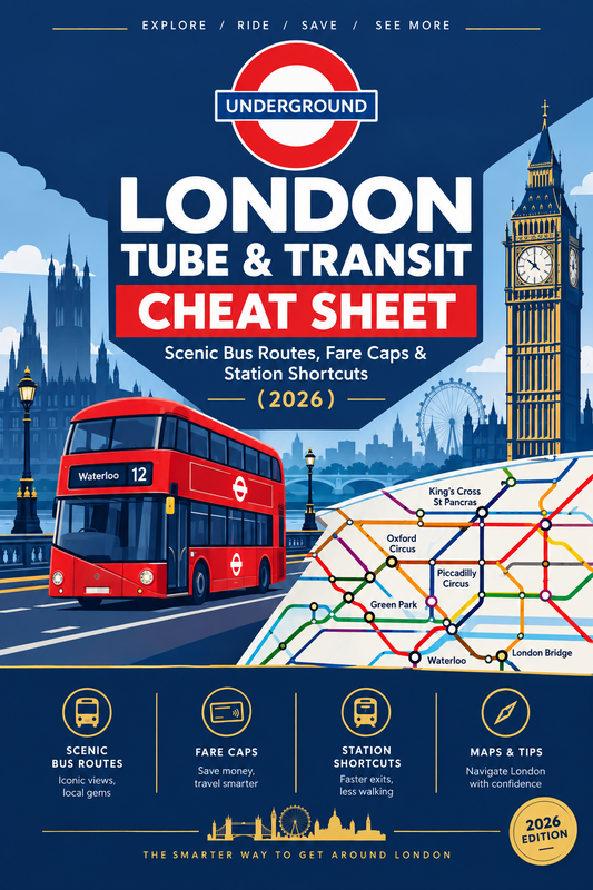 London Tube and public transit cheat sheet showing scenic double-decker bus routes and contactless fare rules